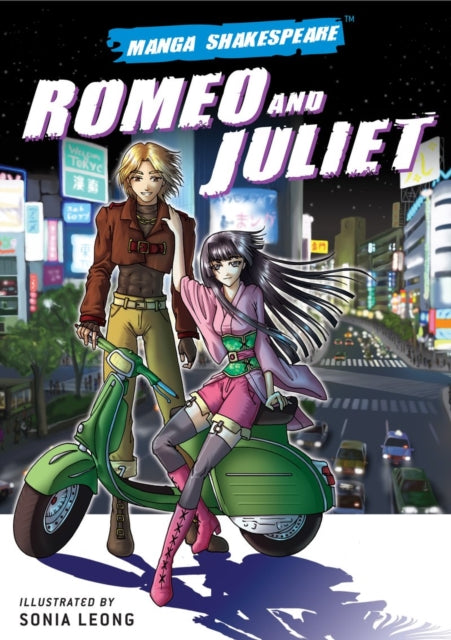 Manga Romeo and Juliet book cover with anime characters on a scooter in Tokyo.