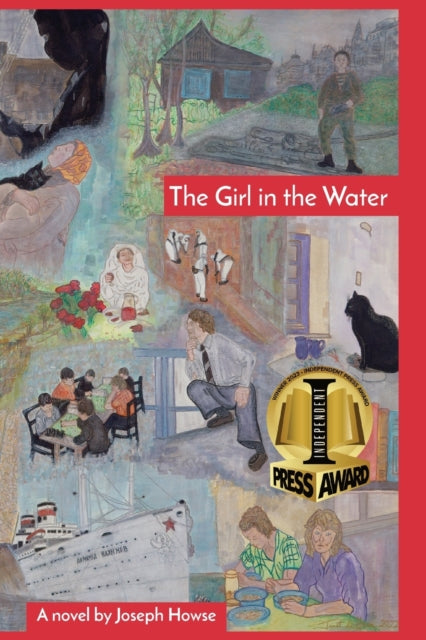 The Girl in the Water book cover with various watercolor scenes and text.