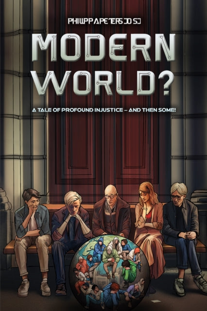 Book cover for "Modern World?" featuring people on a bench with a globe of people.