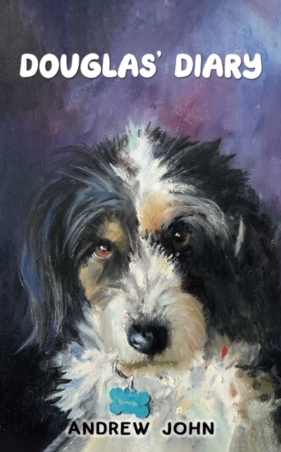 A painting of a dog's face with the title Douglas' Diary.