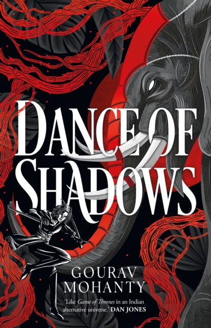 Book cover for "Dance of Shadows" featuring an elephant and a warrior.
