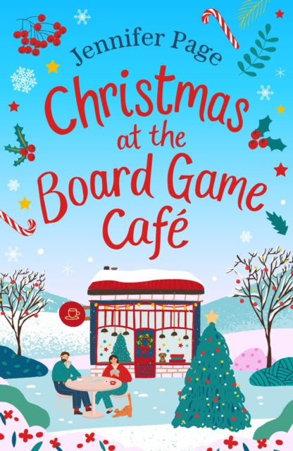 Christmas at the Board Game Cafe book cover with festive winter scene.