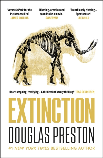 Extinction book cover featuring a woolly mammoth skeleton.