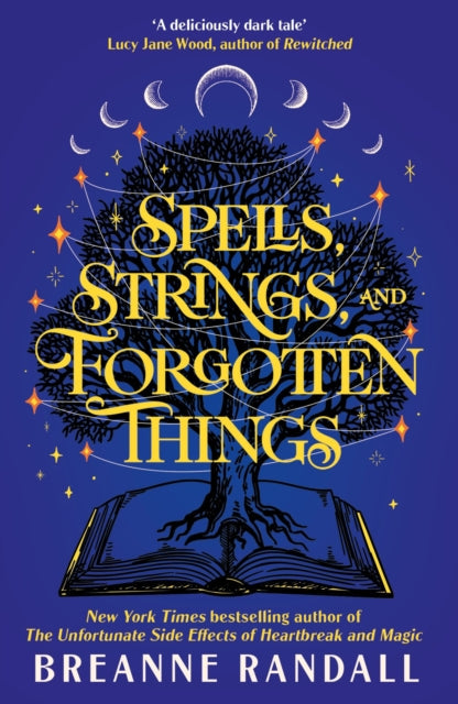 Book cover for Spells, Strings, and Forgotten Things with a tree and moons.