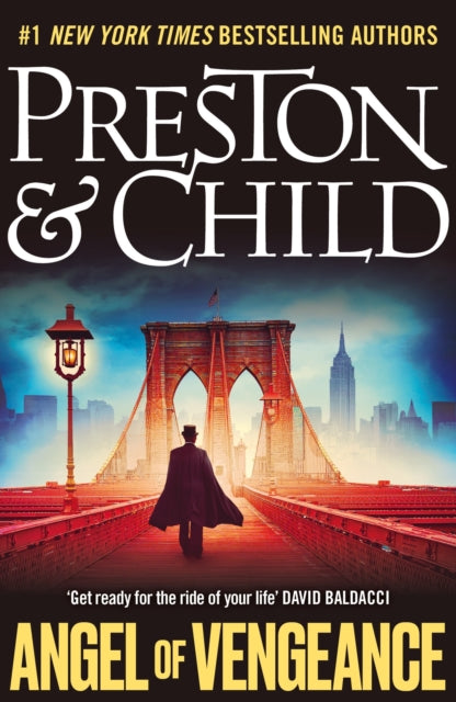 Angel of Vengeance book cover featuring a man in a cape and hat walking on the Brooklyn Bridge.