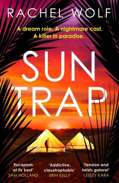 Sun Trap book cover with desert tents and palm fronds.