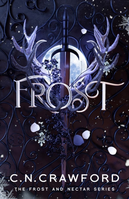 Book cover for Frost by C.N. Crawford featuring antlers, a sword, and a moon.