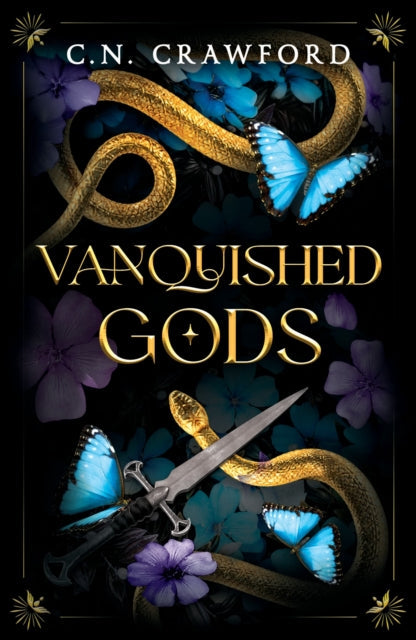 Book cover for Vanquished Gods with a snake, sword, and butterflies.