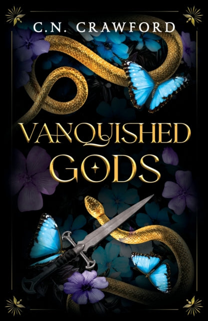 Book cover for Vanquished Gods with a snake, sword, and butterflies.