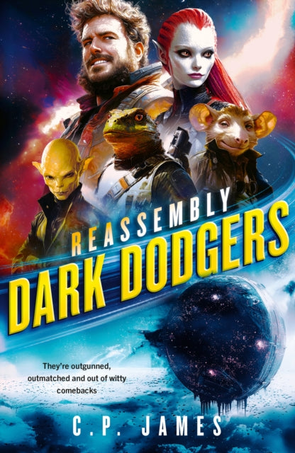 Book cover for Dark Dodgers featuring a diverse crew of aliens and a human.