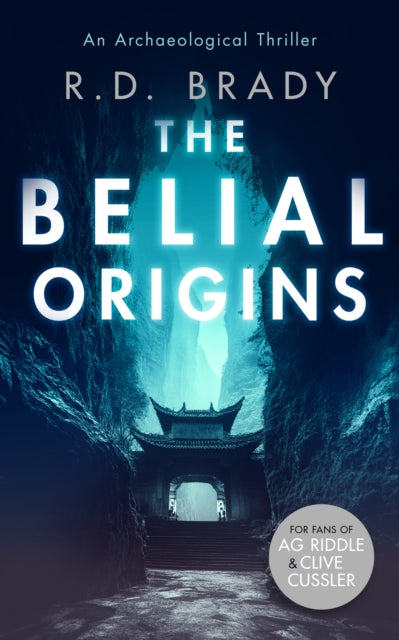 The Belial Origins book cover featuring a dark cave entrance with a temple.
