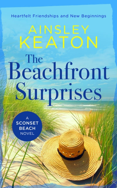 Book cover for "The Beachfront Surprises" featuring a straw hat on a beach.