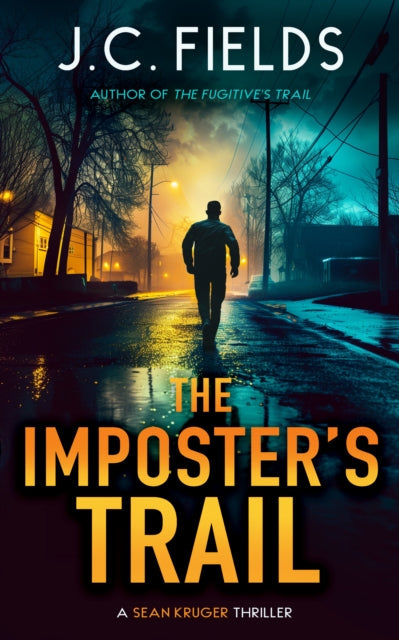 Book cover for "The Imposter's Trail" featuring a lone figure walking down a wet street at night.