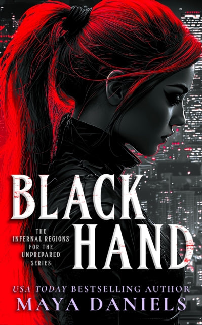 Book cover for Black Hand featuring a woman with red hair and a city background.