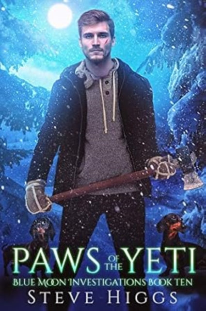 Book cover for Paws of the Yeti featuring a man with an axe and two dogs.