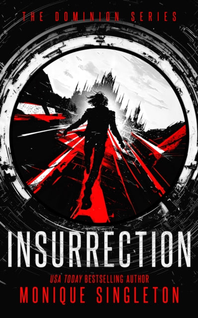 Insurrection book cover with a silhouetted figure running towards a futuristic city.
