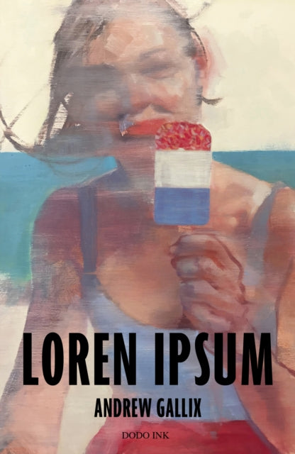 A painting of a person eating a popsicle with the title Loren Ipsum.