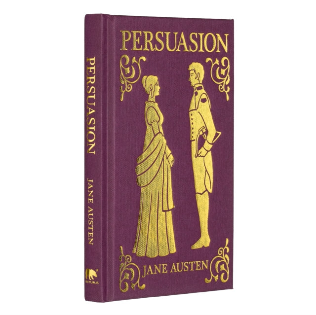 A purple hardcover book titled Persuasion by Jane Austen with gold lettering and illustrations.