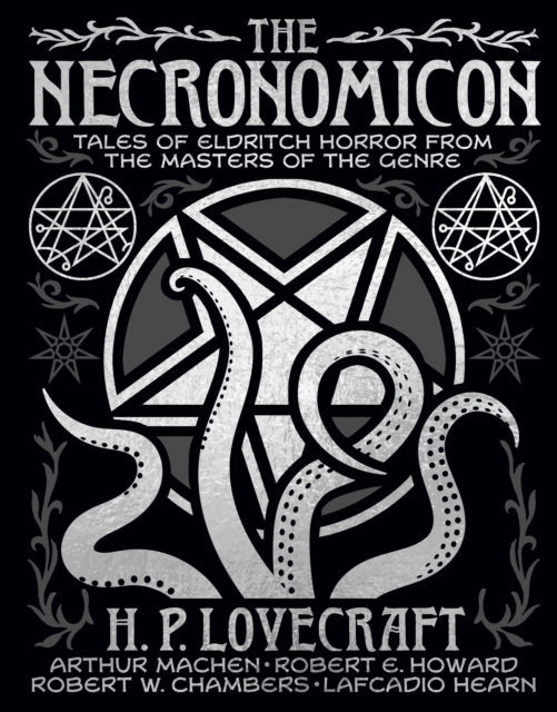 The Necronomicon book cover features tentacles and occult symbols.