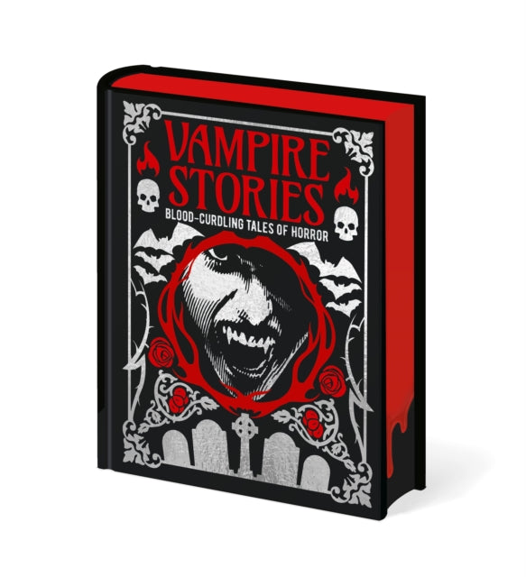 A book titled "Vampire Stories: Blood-Curdling Tales of Horror" with a vampire face and gothic imagery.