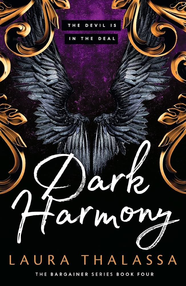 Book cover for Dark Harmony by Laura Thalassa, featuring dark wings and ornate gold details.