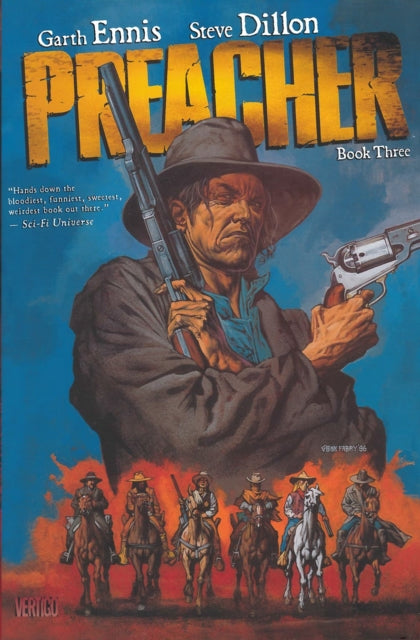 Preacher Book Three comic cover featuring a man with guns and cowboys on horses.