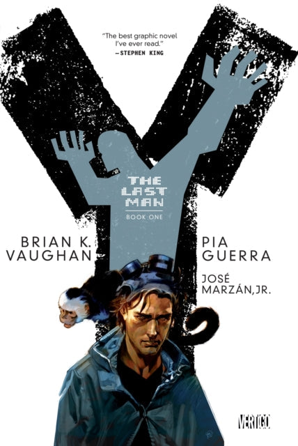 Y: The Last Man Book One graphic novel cover featuring a man and a monkey.