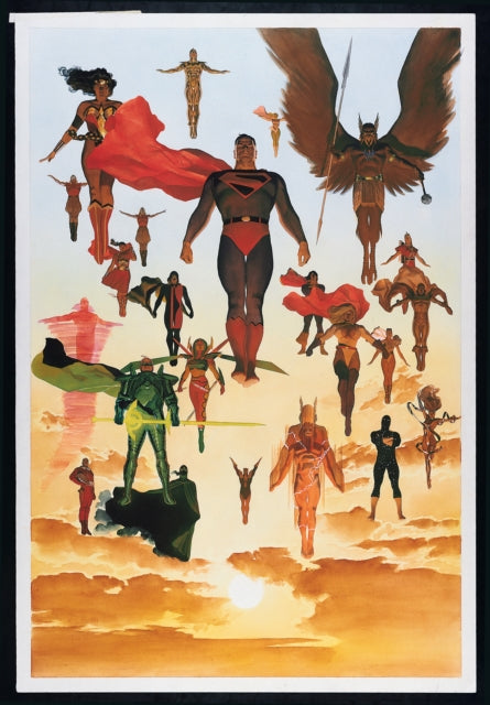 A group of superheroes, including Superman, stand together against a sunset.