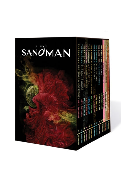 Sandman box set featuring ten volumes with a dark cover art and spine titles.