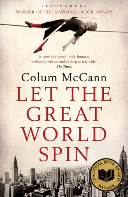 A book cover for "Let The Great World Spin" features a high-wire walker above a city skyline.