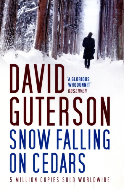 Snow Falling on Cedars book cover with a person walking in a snowy forest.