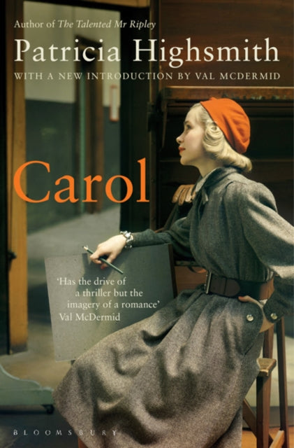 Book cover for Carol by Patricia Highsmith, featuring a woman in a grey coat and orange hat.