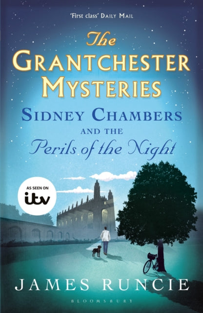 Book cover for Sidney Chambers and The Perils of the Night, featuring a church and a man with a dog.