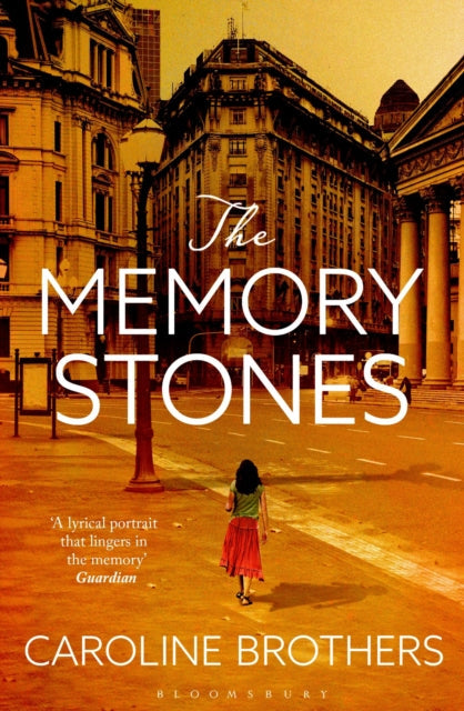 The Memory Stones book cover with a woman walking on a street.
