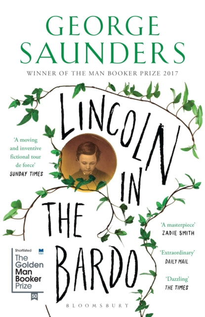 Lincoln in the Bardo book cover with ivy vines and a portrait of a young boy.