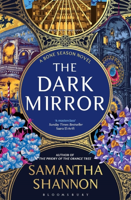 The Dark Mirror by Samantha Shannon book cover with ornate borders and floral accents.