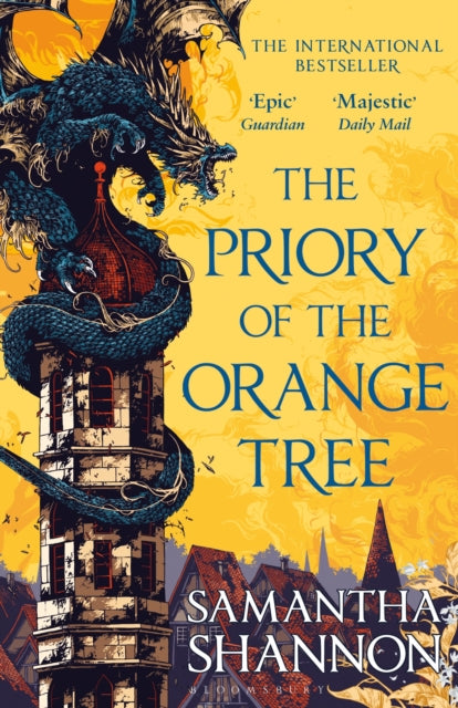 The Priory of the Orange Tree book cover with a dragon on a tower.