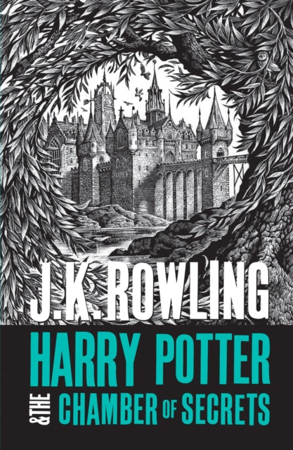 Harry Potter and the Chamber of Secrets book cover featuring a castle and trees.