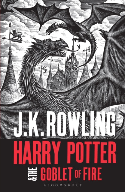 Harry Potter and the Goblet of Fire book cover with dragons and castles.