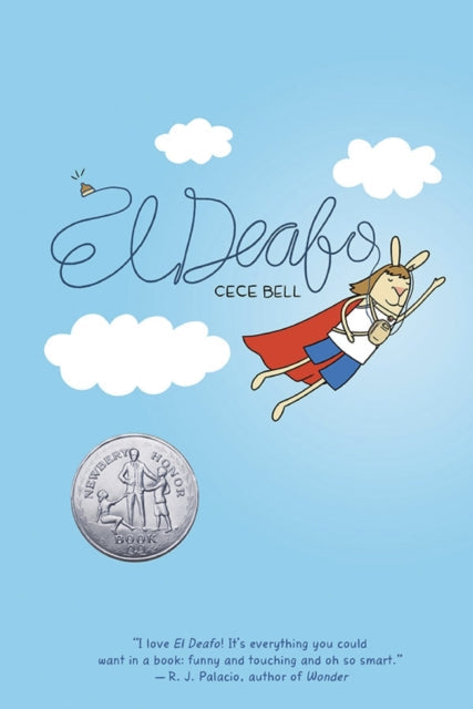El Deafo book cover with a rabbit character flying with a cape and hearing aid.