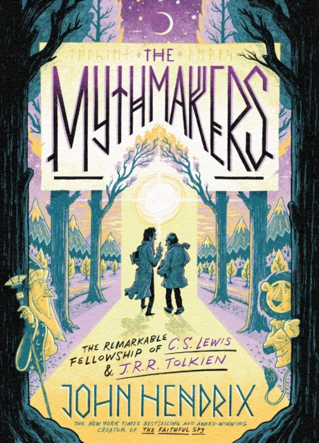 The Mythmakers graphic novel cover features a stylized illustration of two figures walking through a forest towards a bright light.