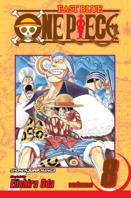 One Piece, Vol. 8 manga cover featuring Luffy and other characters.