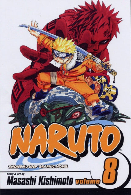 Naruto, Vol. 8 graphic novel cover featuring Naruto on a frog with Gaara in the background.