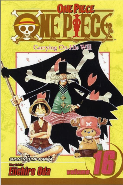One Piece, Vol. 16 manga cover featuring characters and a pirate flag.