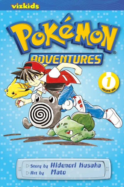 Pokemon Adventures Vol. 1 manga cover with Red, Pikachu, Poliwhirl, and Bulbasaur.