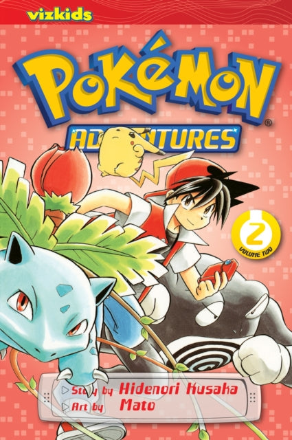 Pokemon Adventures Vol. 2 manga cover featuring Red, Pikachu, Bulbasaur, and other characters.