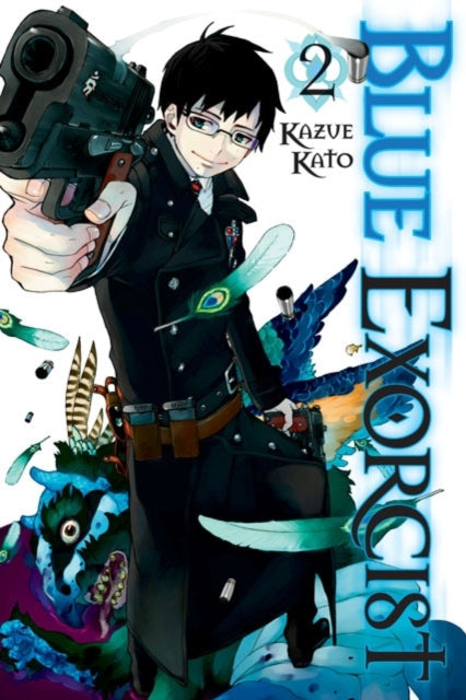 Blue Exorcist, Vol. 2 manga cover featuring Rin Okumura holding a gun.