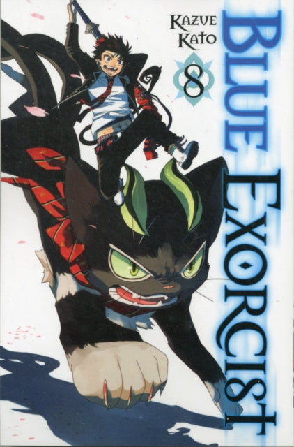 Blue Exorcist, Vol. 8 manga cover featuring Rin and a demon cat.