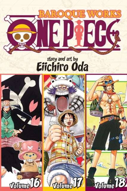 One Piece Baroque Works manga volumes 16, 17, and 18 featuring characters from the series.