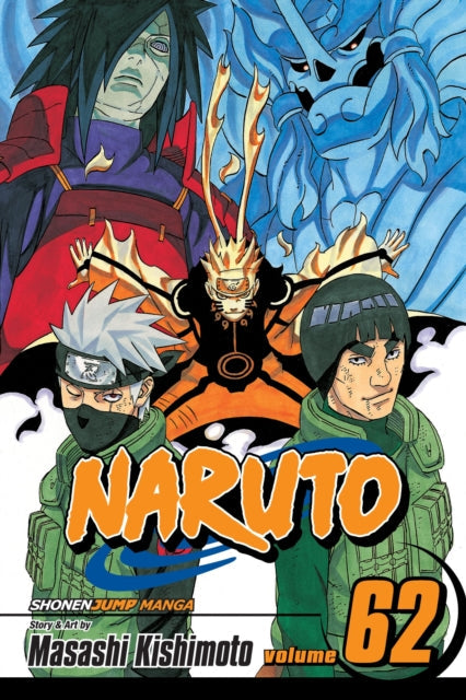Naruto manga volume 62 cover featuring Naruto, Kakashi, Might Guy, Madara, and a blue Susanoo.